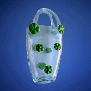 Murano Style Handblown Glass Vase Shaped Like A Purse With Green Accent
